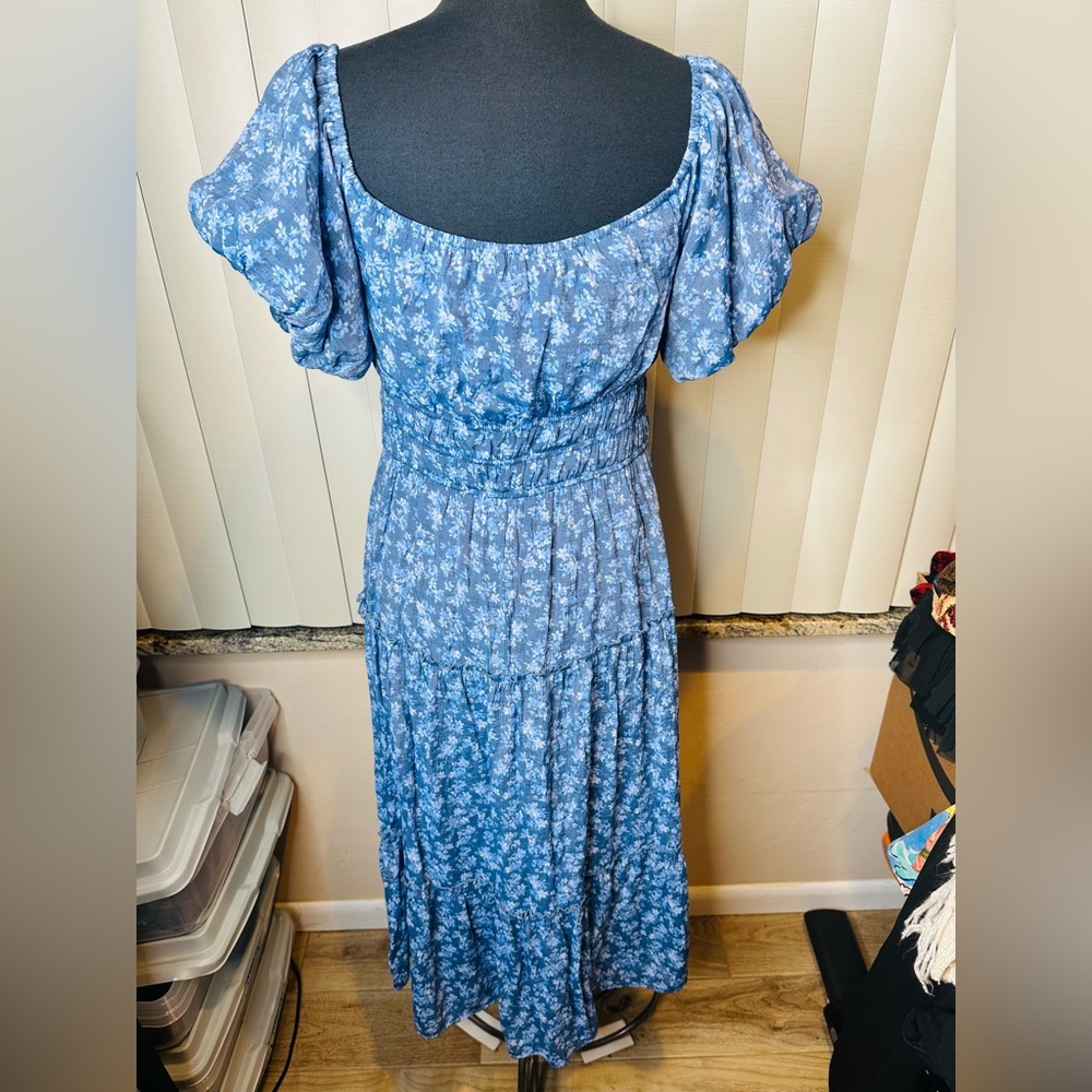 Trixxi  Blue Floral Chiffon Fluttered Sleeve Tiered Lined Dress Size XL - Picture 5 of 9